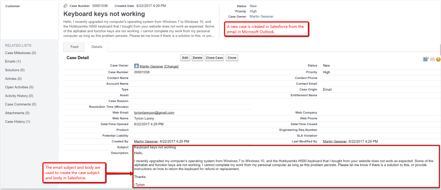 new case salesforce outlook