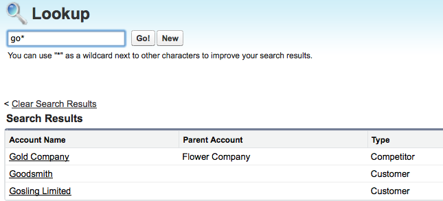 Account Lookup Search Result Fields