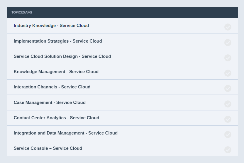 Service Cloud Practice Exams by Topic